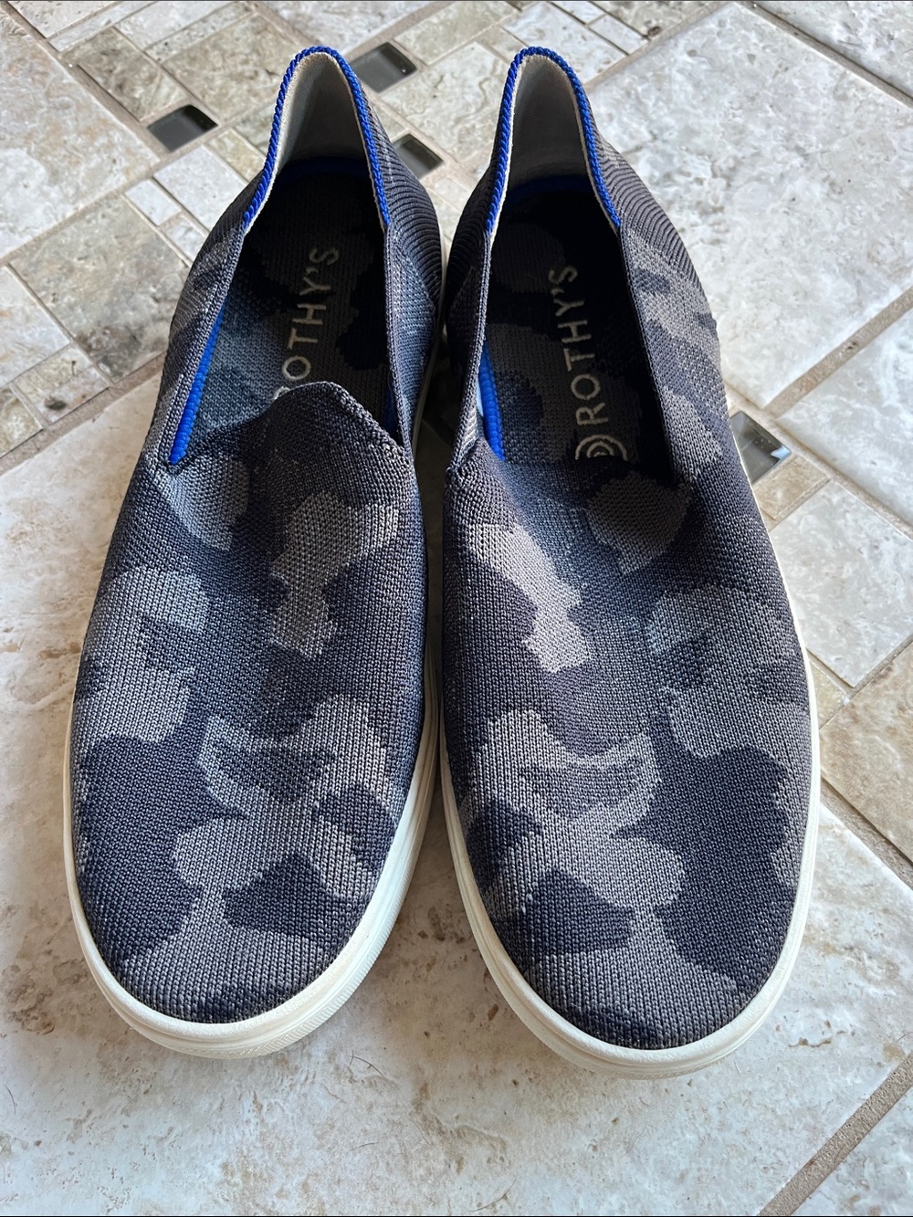 Rothy's Black and Gray Camouflage Slip-On Sneakers